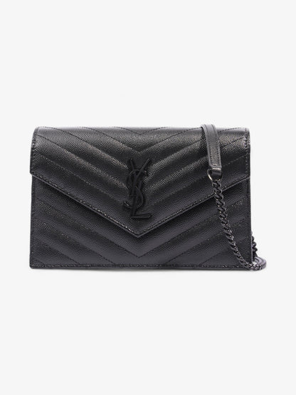 Saint Laurent Cassandre Envelope Chain Wallet Black Grained Leather