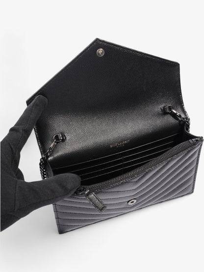 Saint Laurent Cassandre Envelope Chain Wallet Black Grained Leather