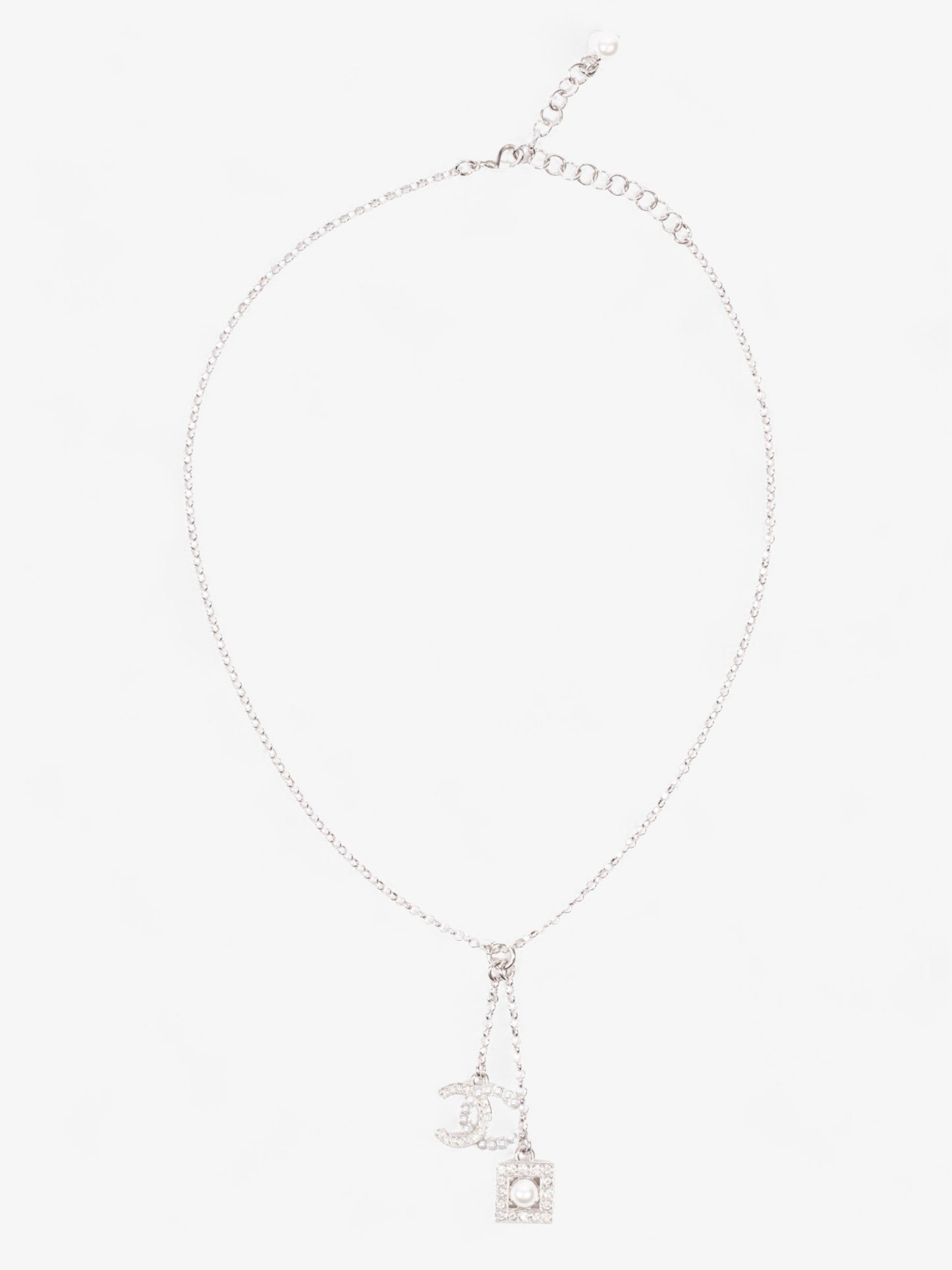 Chanel CC Pearl Square Necklace Silver Base Metal