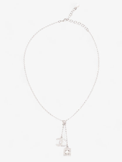 Chanel CC Pearl Square Necklace Silver Base Metal