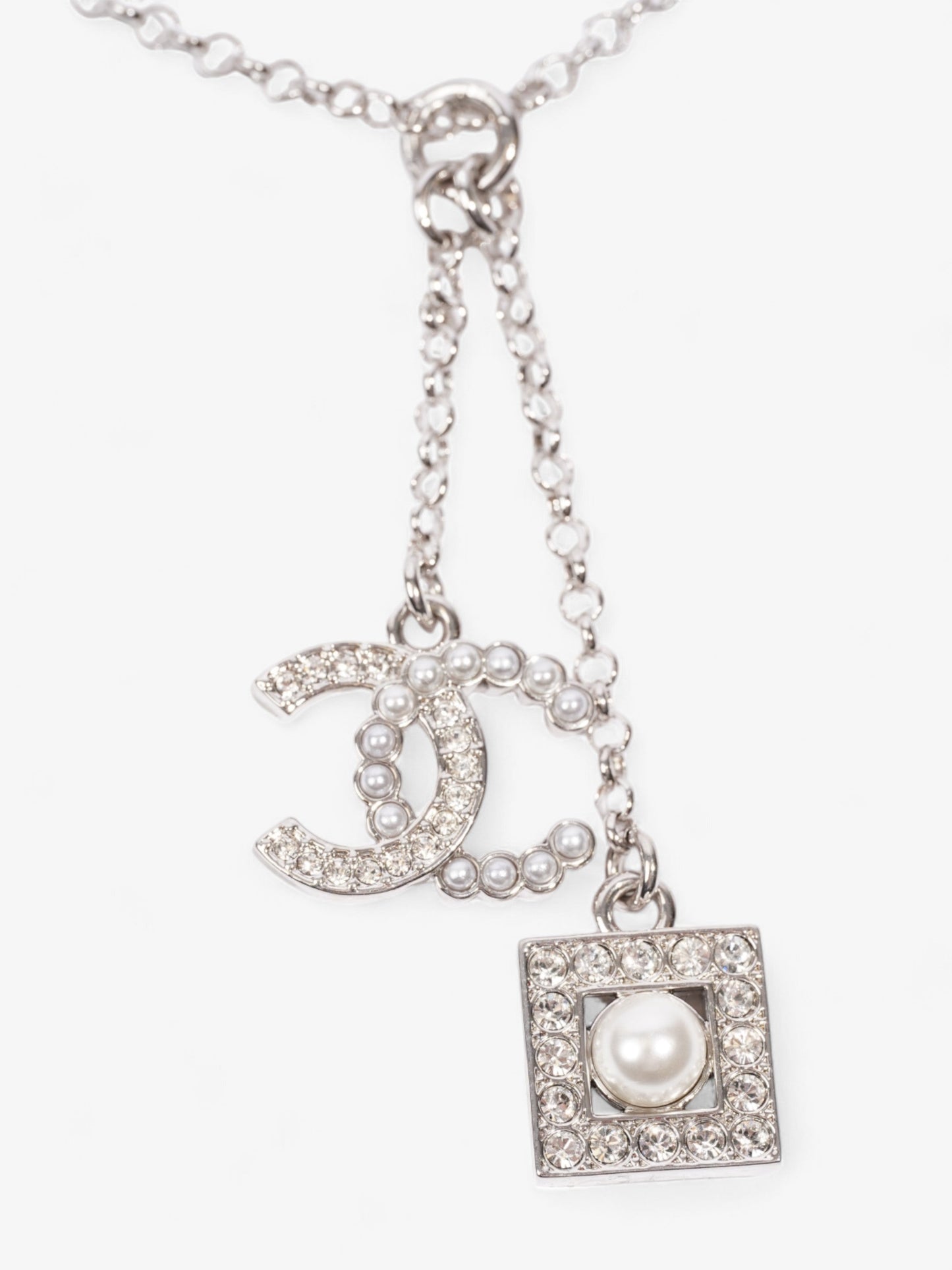 Chanel CC Pearl Square Necklace Silver Base Metal