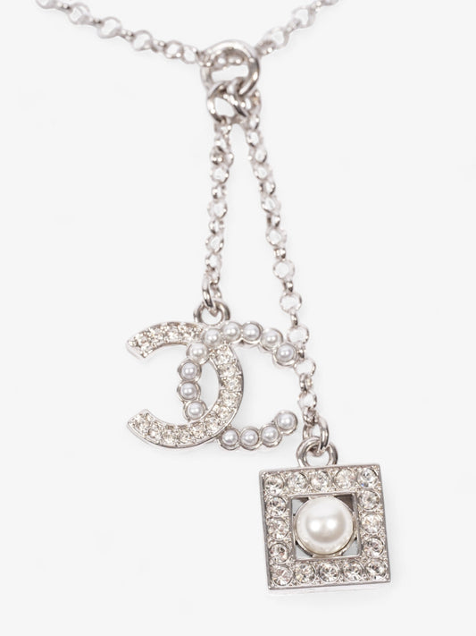 Chanel CC Pearl Square Necklace Silver Base Metal