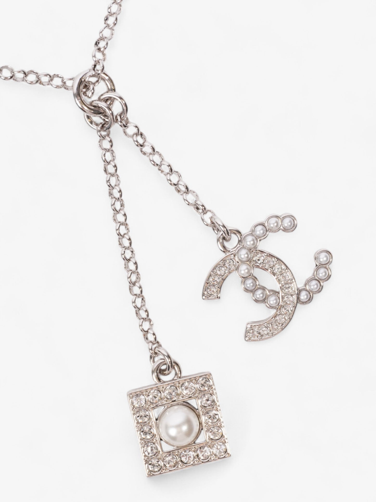 Chanel CC Pearl Square Necklace Silver Base Metal