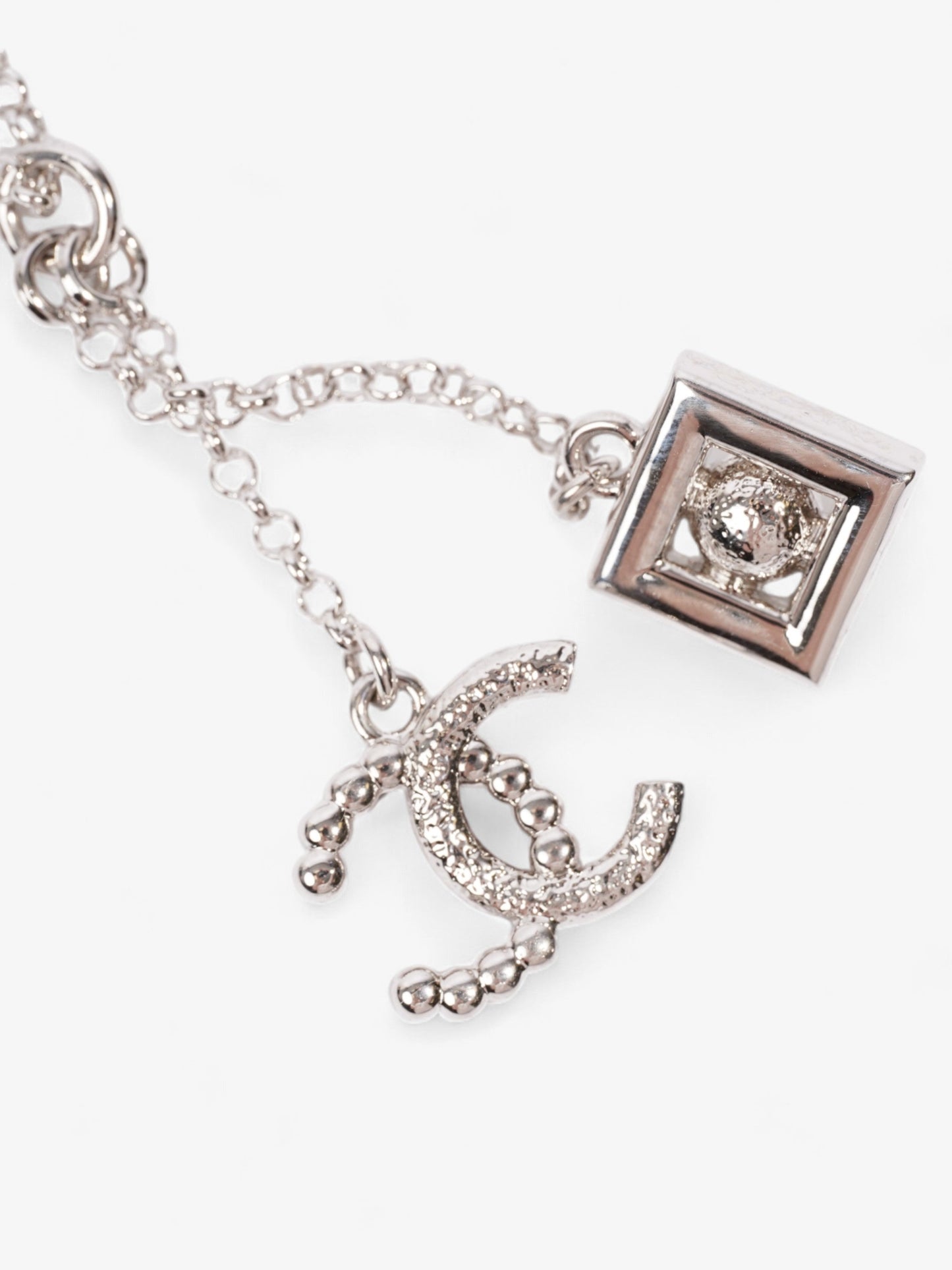 Chanel CC Pearl Square Necklace Silver Base Metal