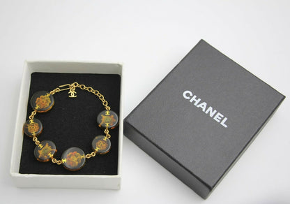 Chanel Vintage 98A Acrylic Dark Brown Turtle and Camellia Tortoise Shell Style Bracelet