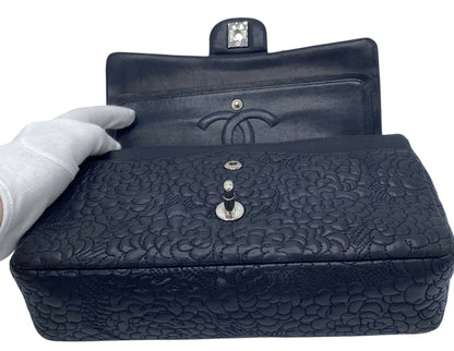 Chanel Black Camellia Embossed Lambskin Classic Timeless Medium Double Flap Bag SHW