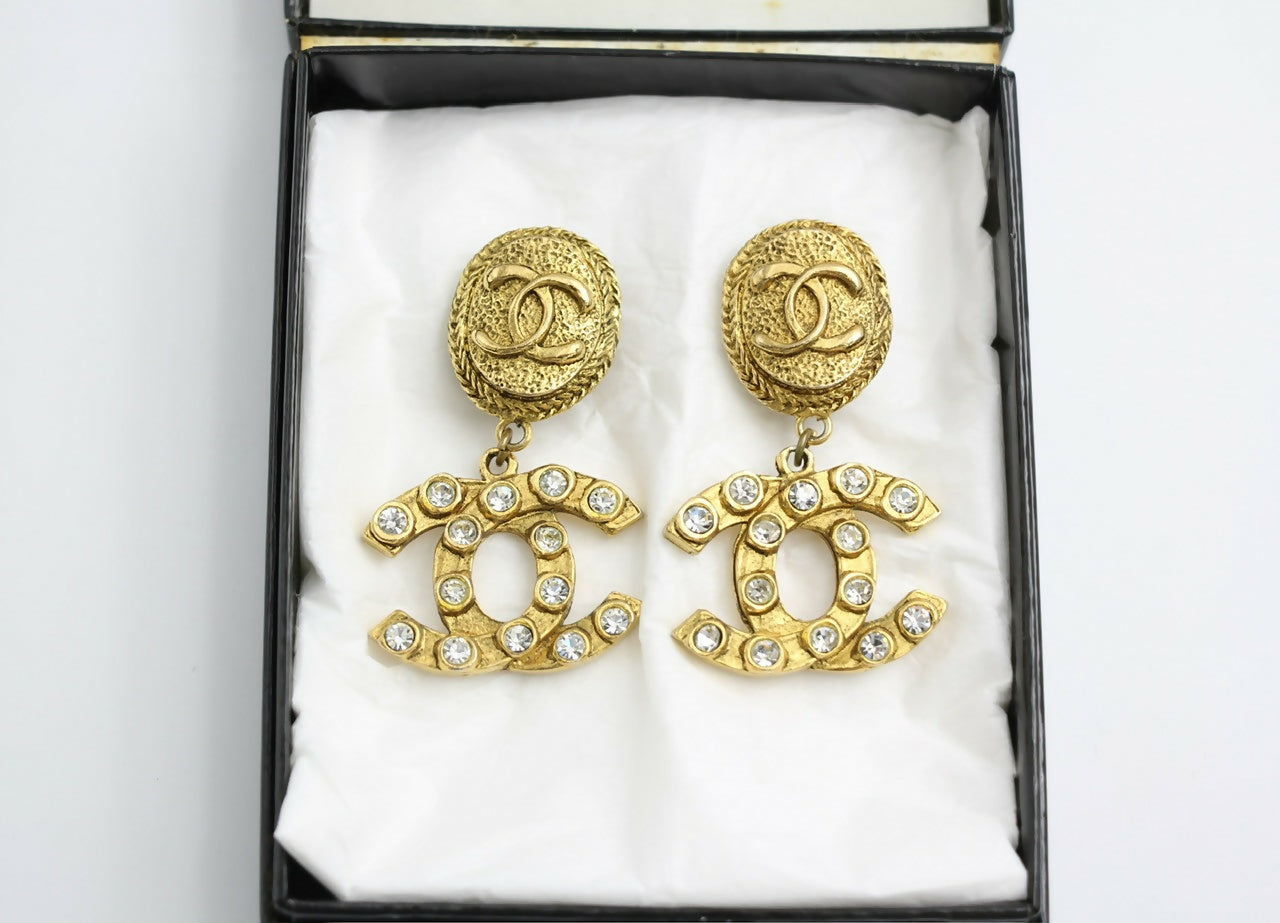 Chanel Vintage 71-80s Rhinestone & Gold-plated Round Relief Dangle Clip-on Earrings