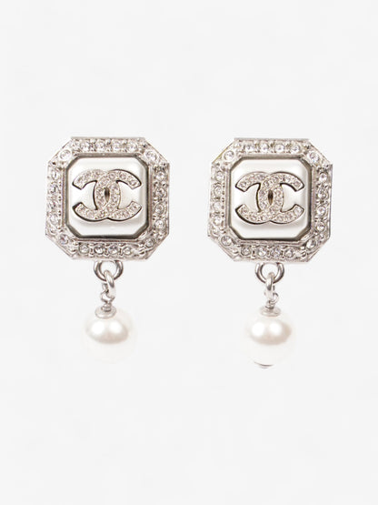 Chanel CC Square Pearl Drop Earrings Silver / White Base Metal