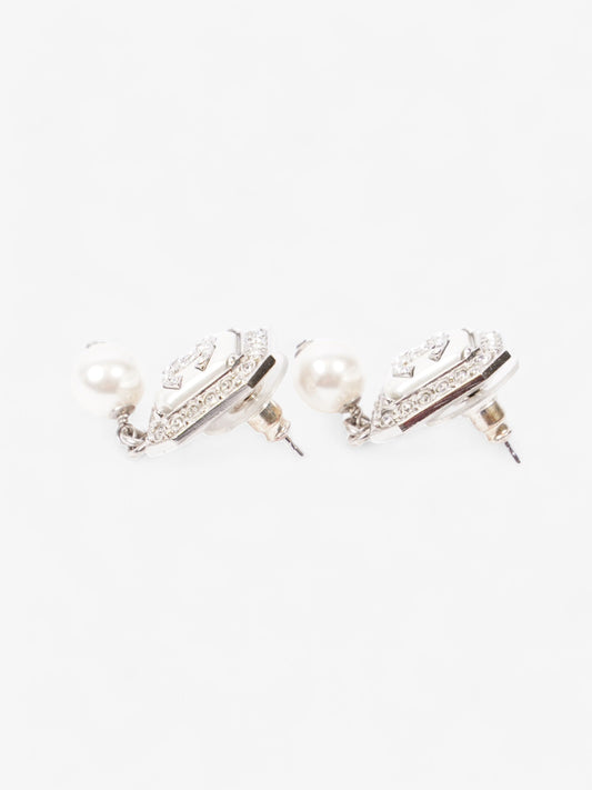 Chanel CC Square Pearl Drop Earrings Silver / White Base Metal