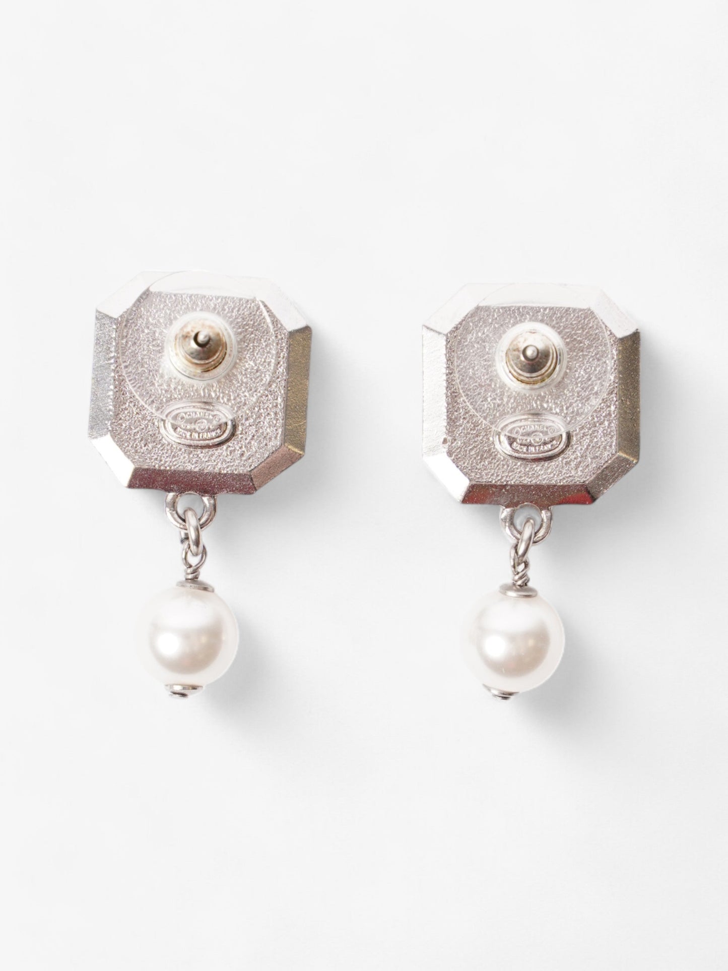 Chanel CC Square Pearl Drop Earrings Silver / White Base Metal