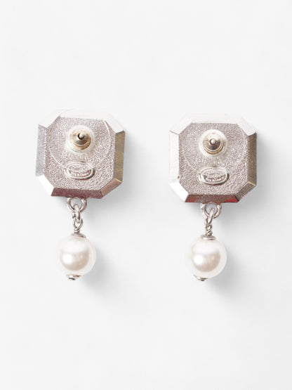 Chanel CC Square Pearl Drop Earrings Silver / White Base Metal