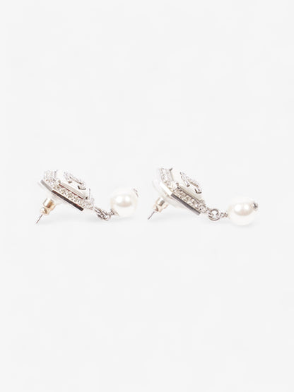 Chanel CC Square Pearl Drop Earrings Silver / White Base Metal