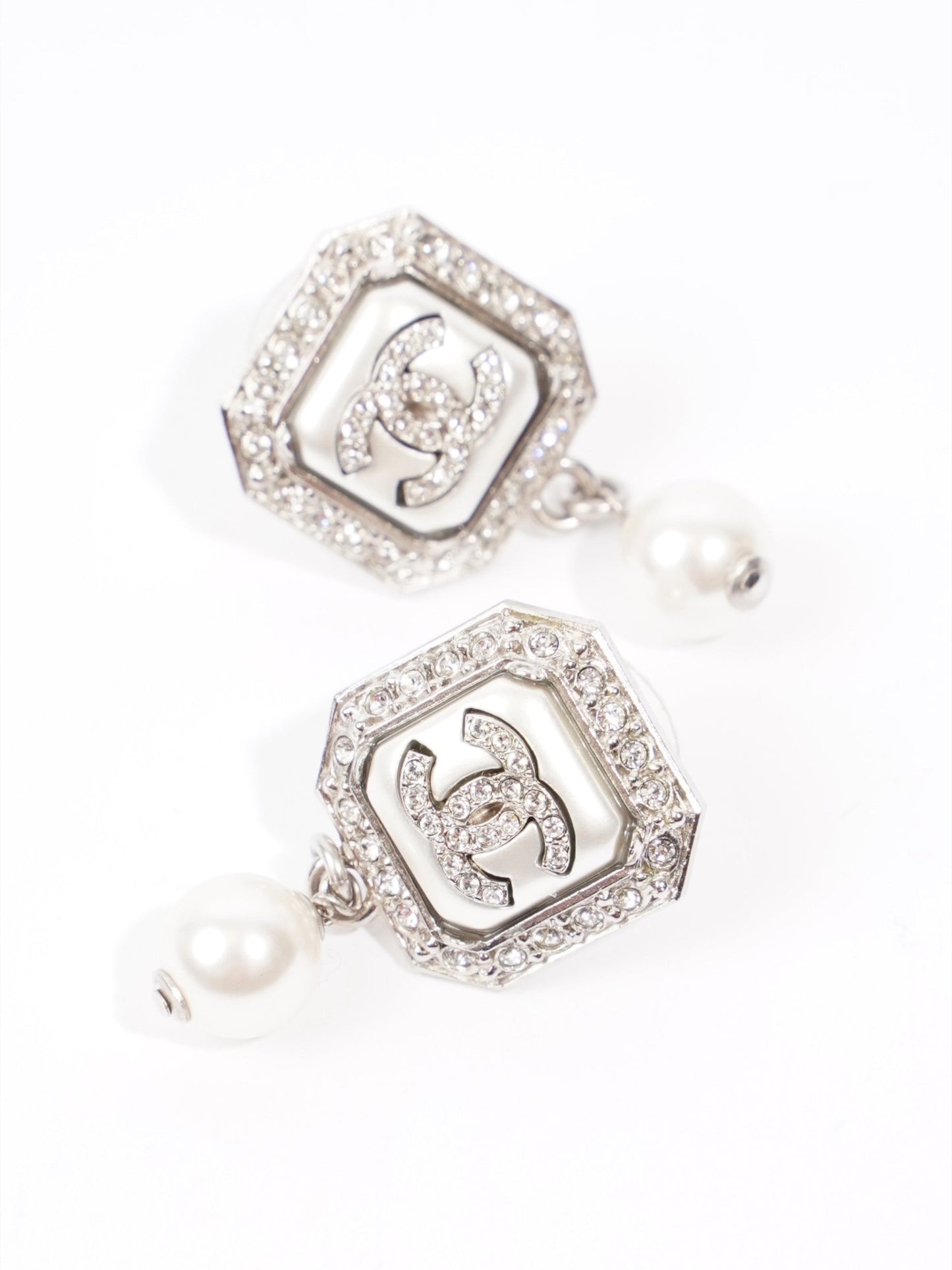 Chanel CC Square Pearl Drop Earrings Silver / White Base Metal