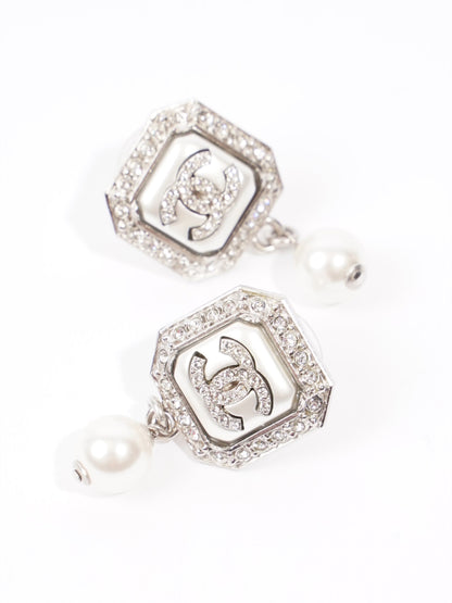 Chanel CC Square Pearl Drop Earrings Silver / White Base Metal