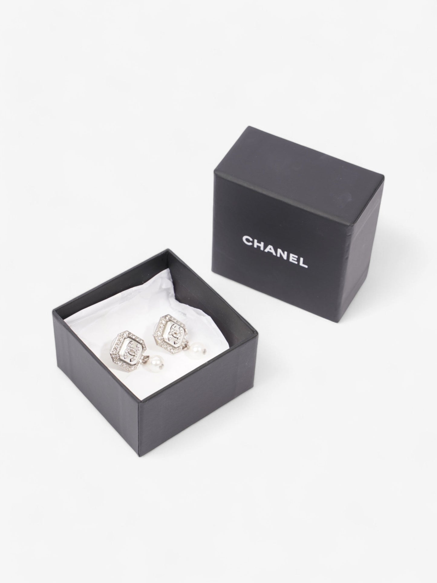 Chanel CC Square Pearl Drop Earrings Silver / White Base Metal