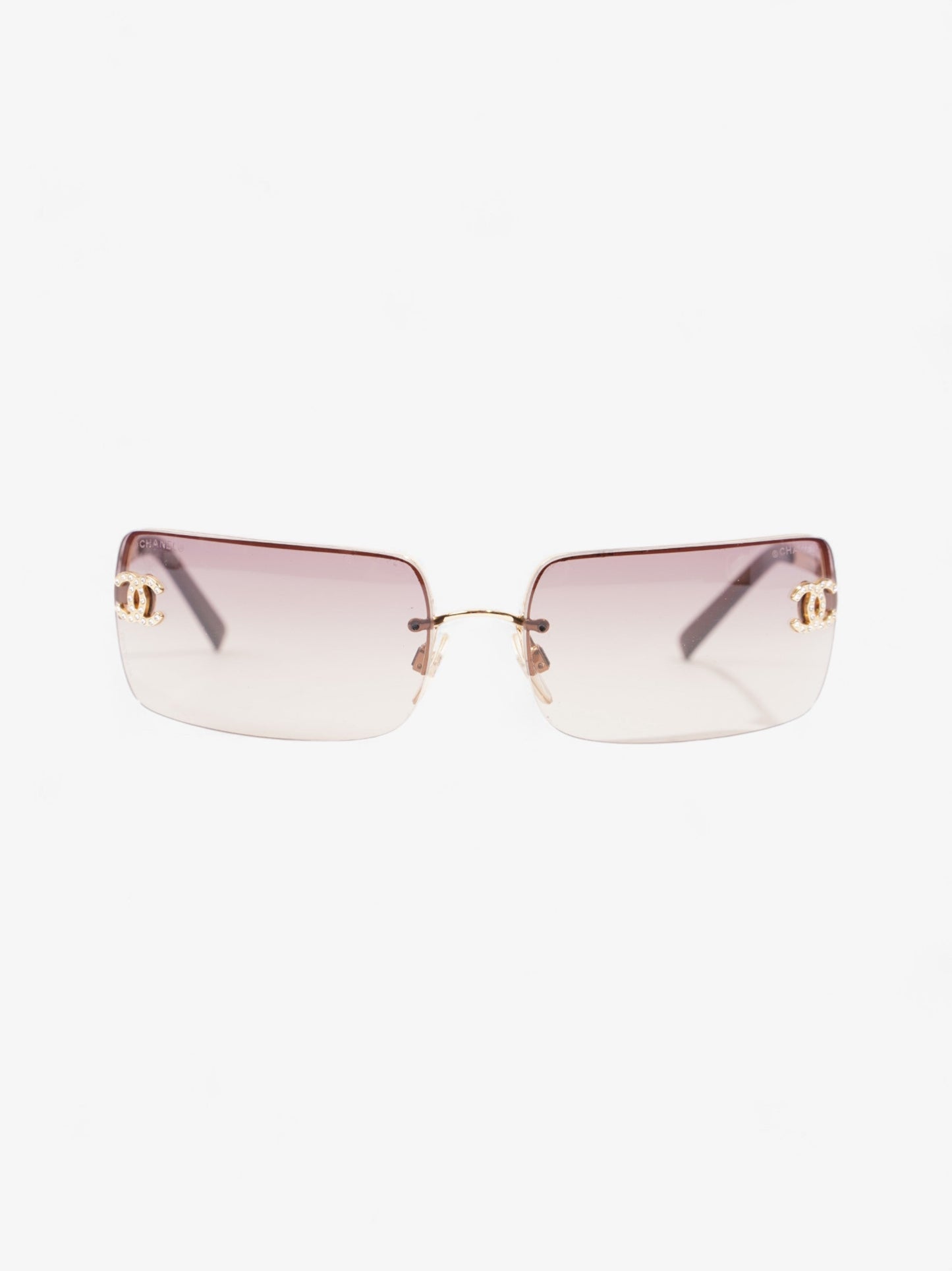Chanel CC Rhinestone Rectangular Sunglasses Gold / Brown Acetate 120mm
