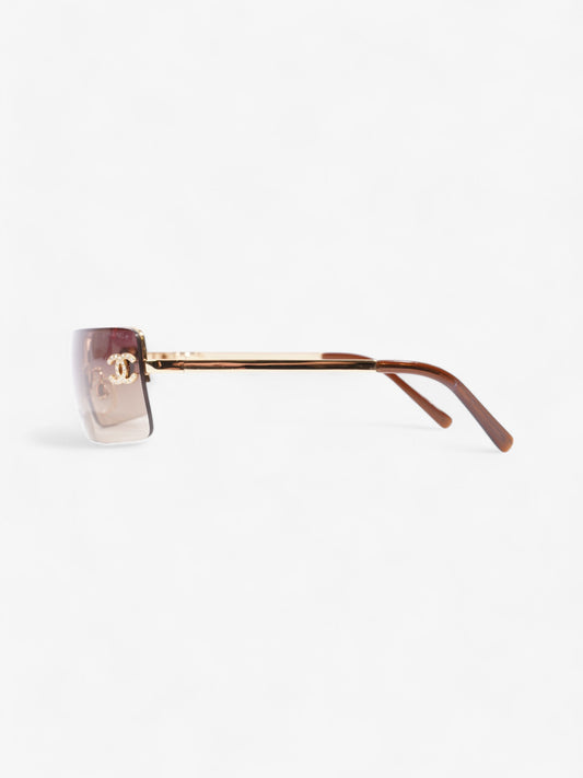Chanel CC Rhinestone Rectangular Sunglasses Gold / Brown Acetate 120mm