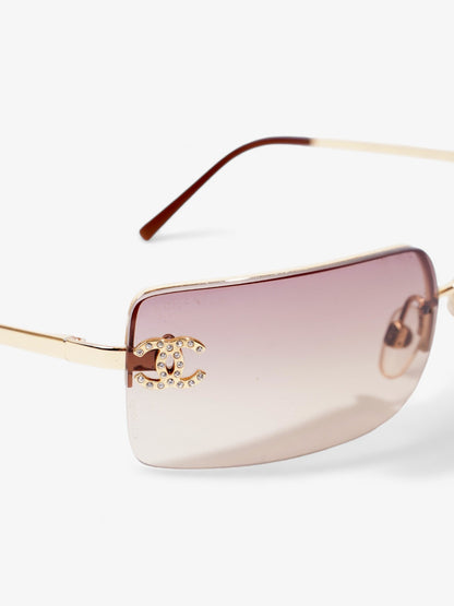 Chanel CC Rhinestone Rectangular Sunglasses Gold / Brown Acetate 120mm