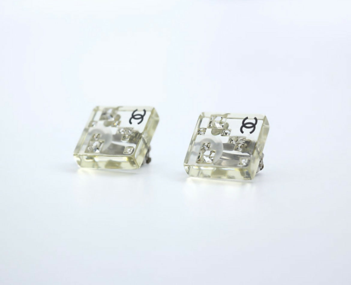 Chanel Vintage 05A Rhinestone Acrylic Transparent Square Earrings