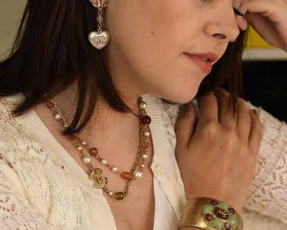 Chanel CC Double Glass Faux Pearl Chain Long Necklace