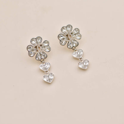 Chanel CC Crystal Clover Heart Drop Silver Earrings