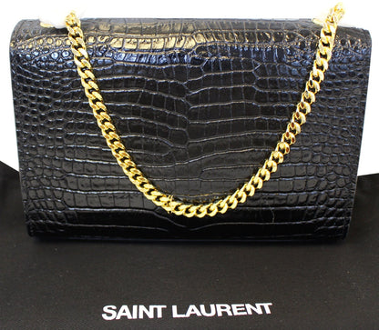 YVES SAINT LAURENT Crocodile Black Leather Chain Clutch Crossbody Bag