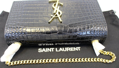 YVES SAINT LAURENT Crocodile Black Leather Chain Clutch Crossbody Bag
