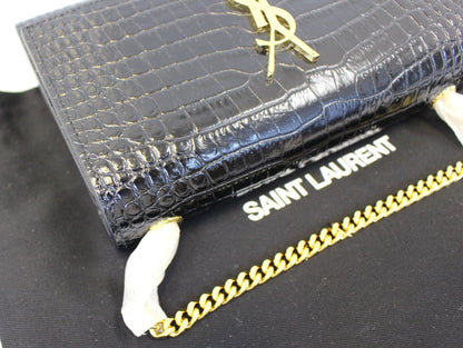 YVES SAINT LAURENT Crocodile Black Leather Chain Clutch Crossbody Bag