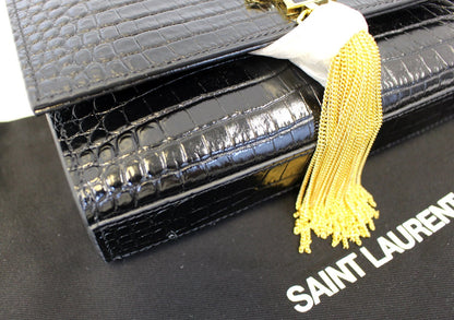 YVES SAINT LAURENT Crocodile Black Leather Chain Clutch Crossbody Bag