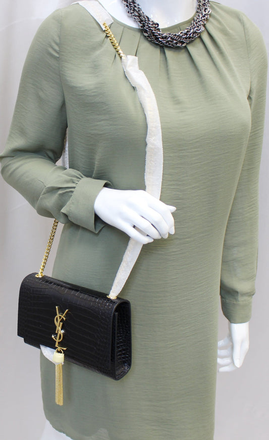YVES SAINT LAURENT Crocodile Black Leather Chain Clutch Crossbody Bag