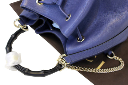 GUCCI Miss Bamboo Medium Blue Leather Bucket Shoulder Handbag