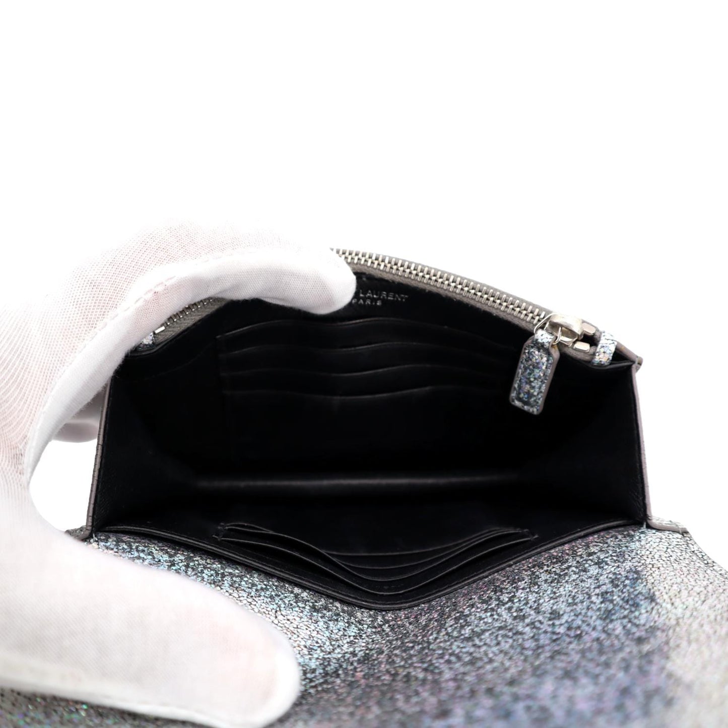 YVES SAINT LAURENT Sunset Crackled Metallic Leather Crossbody Bag Silver