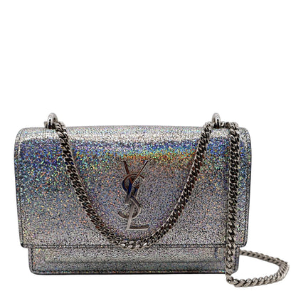 YVES SAINT LAURENT Sunset Crackled Metallic Leather Crossbody Bag Silver