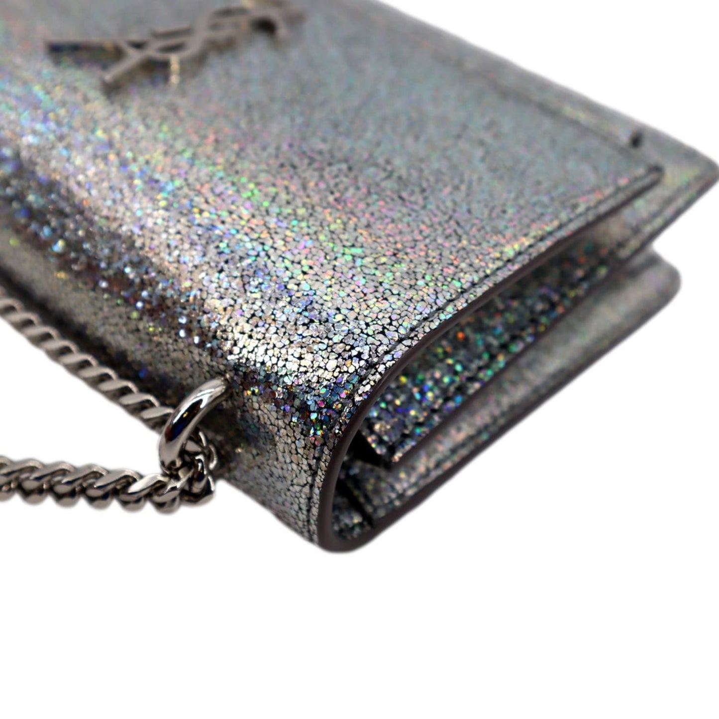 YVES SAINT LAURENT Sunset Crackled Metallic Leather Crossbody Bag Silver
