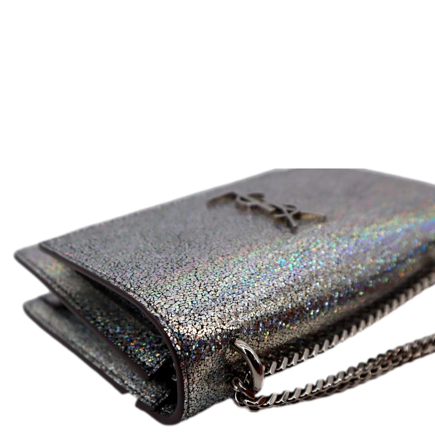 YVES SAINT LAURENT Sunset Crackled Metallic Leather Crossbody Bag Silver