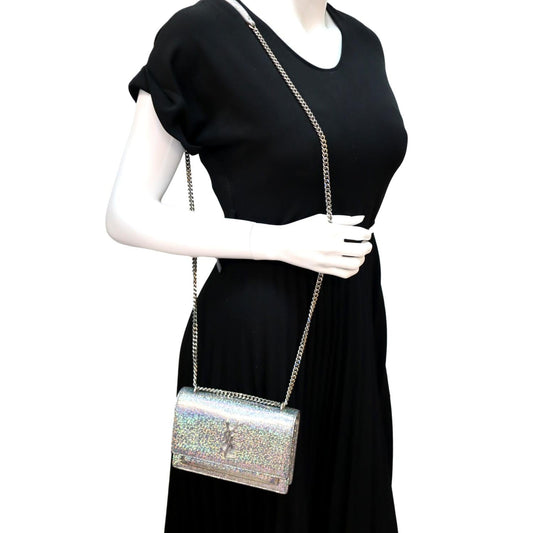 YVES SAINT LAURENT Sunset Crackled Metallic Leather Crossbody Bag Silver