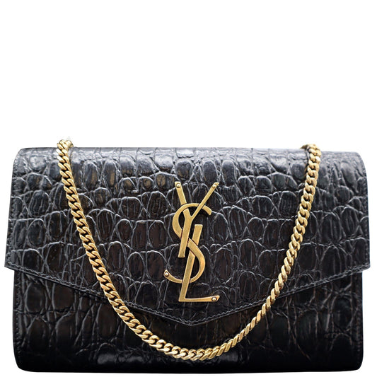 YVES SAINT LAURENT Uptown Crocodile-Embossed Crossbody Chain Wallet Black