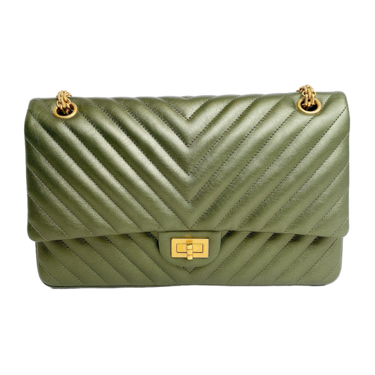 Chanel Chevron Medium Classic Double Flap Bag In Dark Green