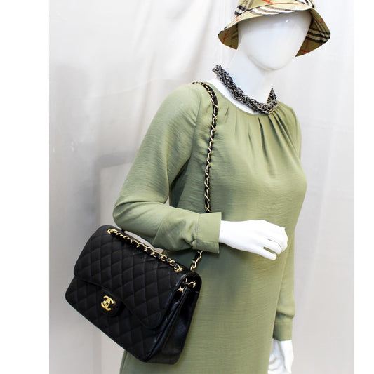 CHANEL Classic Jumbo Caviar Leather Double Flap Shoulder Bag Black