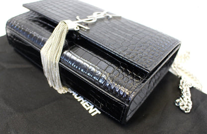YVES SAINT LAURENT Crocodile Black Leather Silver Chain Clutch Crossbody Bag