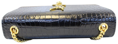 YVES SAINT LAURENT Crocodile Black Leather Gold Chain Clutch Crossbody Bag