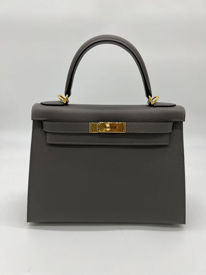 Hermes Kelly 28 Sellier Gris Meyer Epsom Leather