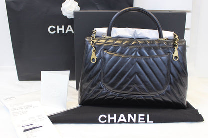 CHANEL Handle Bag Black Leather Quilted Lambskin Chevron Top