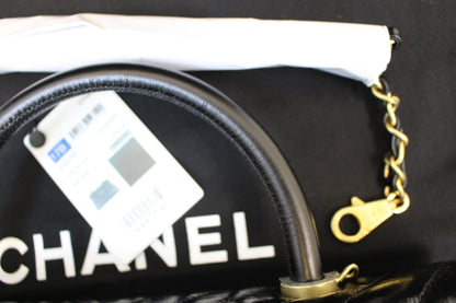 CHANEL Handle Bag Black Leather Quilted Lambskin Chevron Top