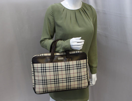 BURBERRY Nova Check Canvas Dark Brown Leather Briefcase Bag