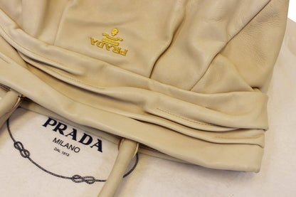 PRADA Nappa Frills Shopping Beige Leather Tote Bag
