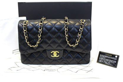 CHANEL Black Quilted Leather Jumbo Double Flap Shoulder Bag