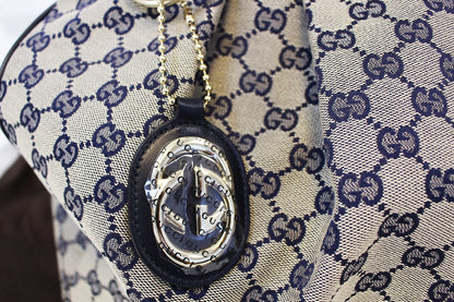 GUCCI Navy Blue/Grey GG Canvas Large Sukey Tote Bag