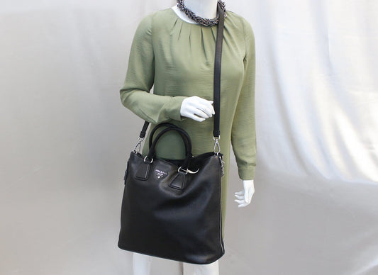 PRADA Black Leather Vitello Phenix Convertible Shopping Tote Bag