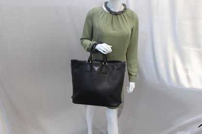 PRADA Black Leather Vitello Phenix Convertible Shopping Tote Bag